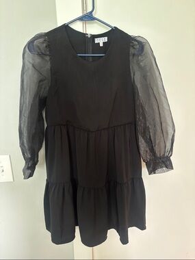 TCEC Black Tiered Mini Dress with Sheer Puff Sleeves